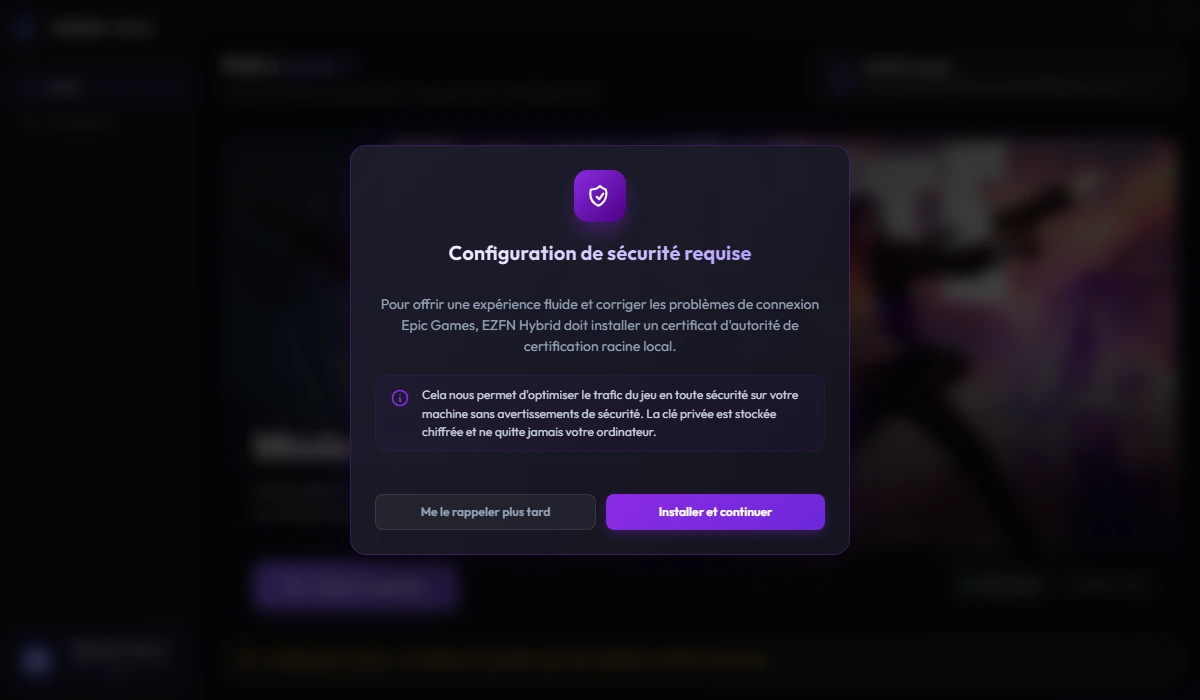 La fenêtre « Configuration de sécurité requise » d'EZFN Hybrid avec un bouton « Installer et continuer »