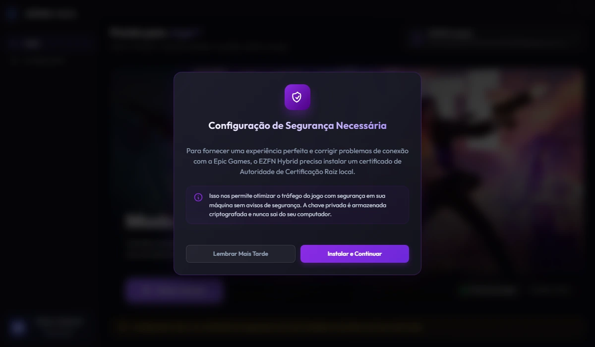O diálogo "Configuração de Segurança Necessária" do EZFN Hybrid com um botão "Instalar e Continuar"