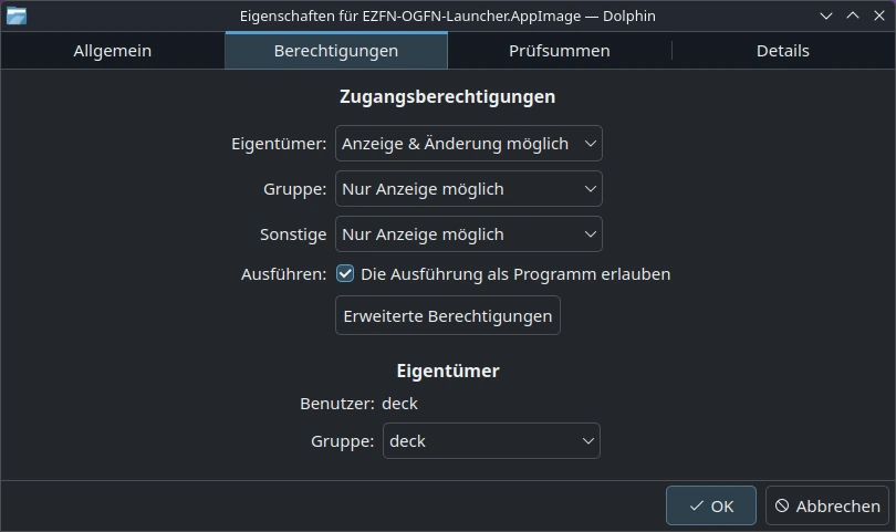 Eigenschaften-Dialog von Dolphin für das AppImage, Reiter „Berechtigungen“, mit gesetztem Haken bei „Die Ausführung als Programm erlauben“