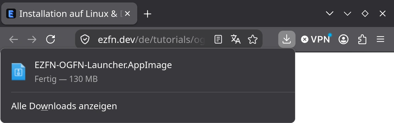 Download-Liste in Firefox auf dem SteamOS-Desktop mit der heruntergeladenen Datei EZFN-OGFN-Launcher.AppImage