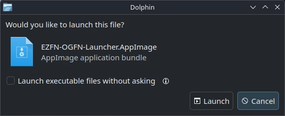 Dolphin asking “Would you like to launch this file?” for the AppImage, with the Launch button