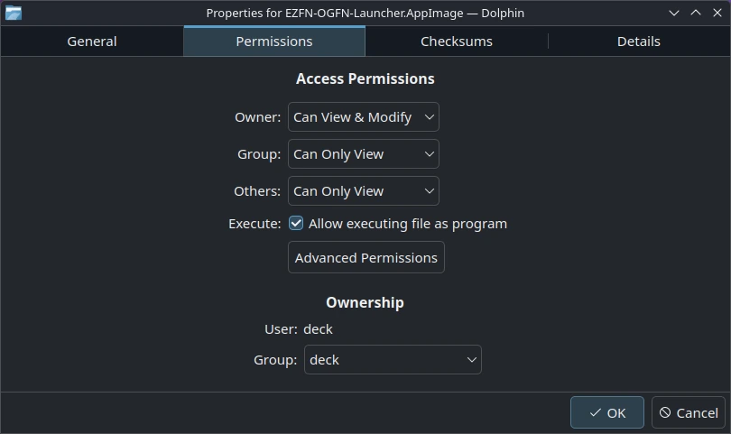 Dolphin's Properties dialog for the AppImage, Permissions tab, with “Allow executing file as program” ticked