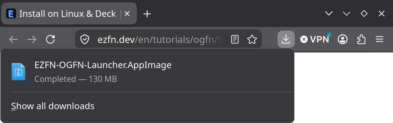 Firefox downloads panel on the SteamOS desktop with the downloaded EZFN-OGFN-Launcher.AppImage file