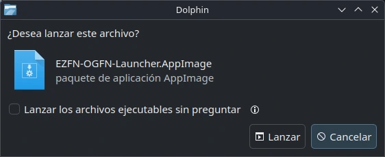 Dolphin preguntando «¿Desea lanzar este archivo?» para el AppImage, con el botón Lanzar