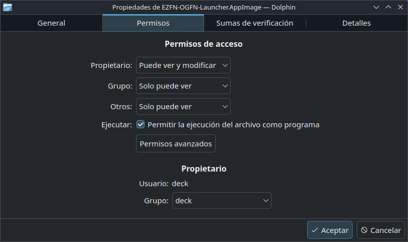 Diálogo de Propiedades de Dolphin para el AppImage, pestaña «Permisos», con «Permitir la ejecución del archivo como programa» marcado