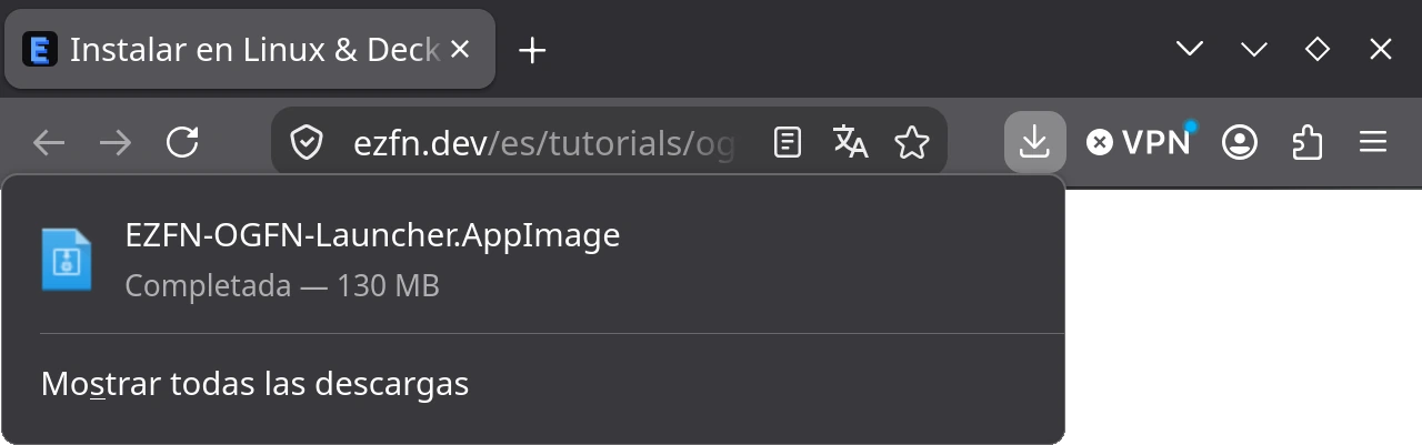 Panel de descargas de Firefox en el escritorio de SteamOS con el archivo EZFN-OGFN-Launcher.AppImage descargado