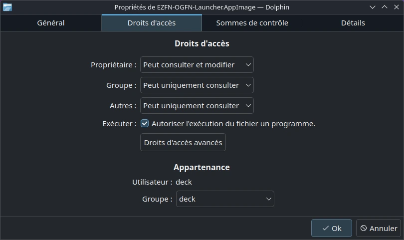 Boîte de dialogue Propriétés de Dolphin pour l’AppImage, onglet « Droits d'accès », avec la case « Autoriser l'exécution du fichier comme un programme » cochée