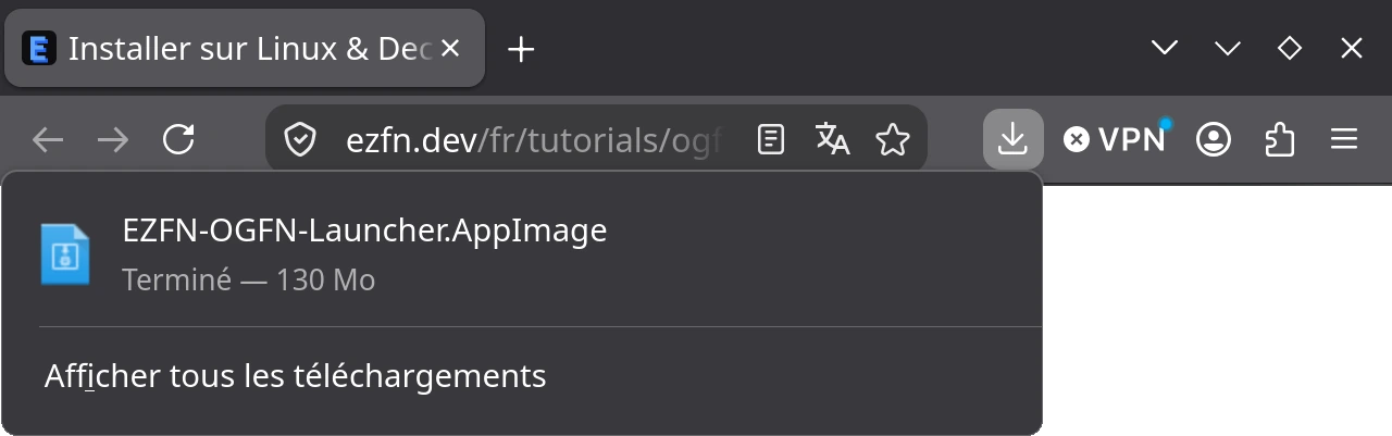 Panneau des téléchargements de Firefox sur le bureau SteamOS avec le fichier EZFN-OGFN-Launcher.AppImage téléchargé