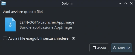 Dolphin che chiede «Vuoi avviare questo file?» per l'AppImage, con il pulsante Avvia