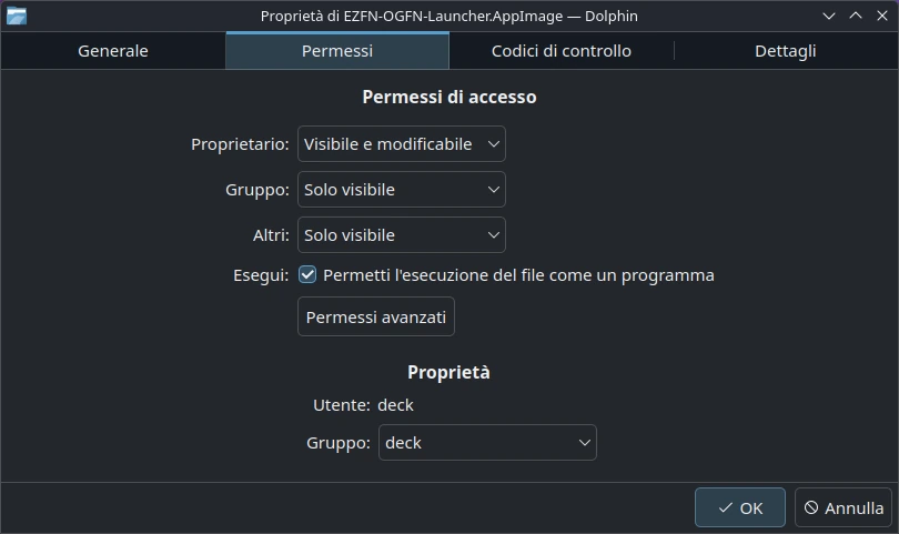 Finestra Proprietà di Dolphin per l'AppImage, scheda «Permessi», con «Permetti l'esecuzione del file come un programma» spuntato