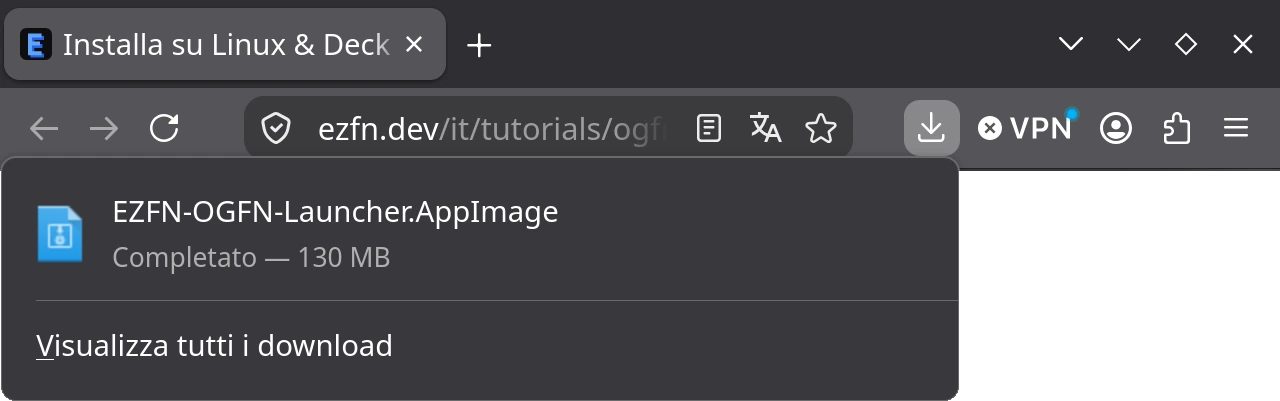 Pannello dei download di Firefox sul desktop di SteamOS con il file EZFN-OGFN-Launcher.AppImage scaricato