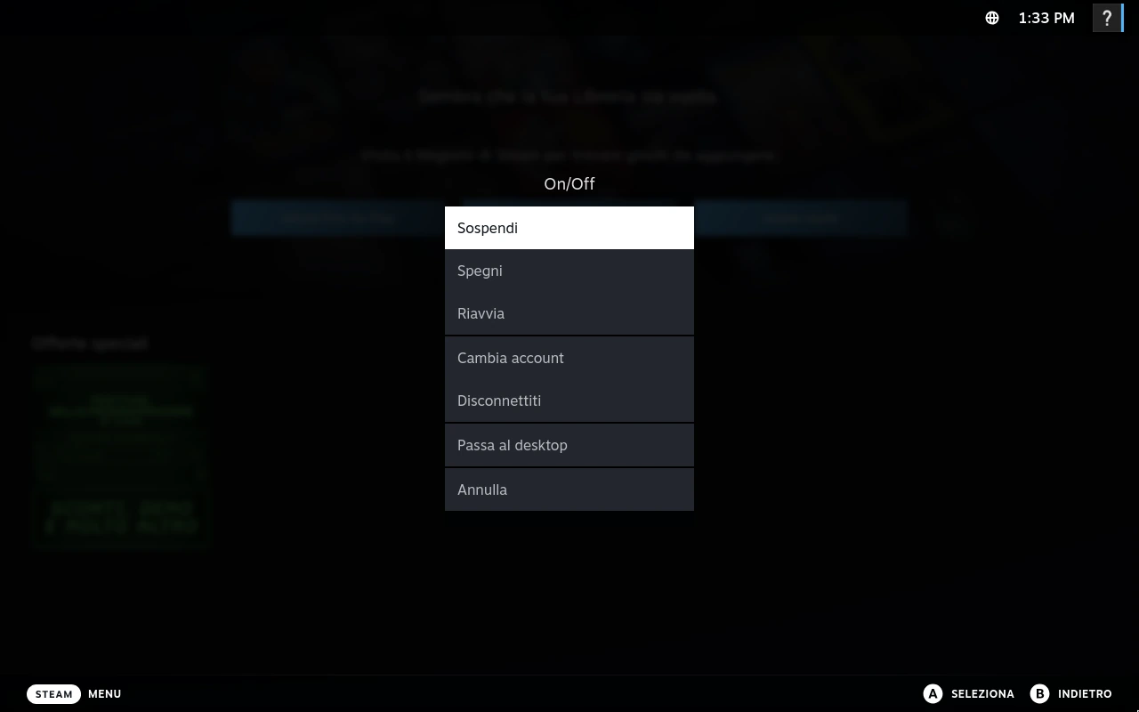 Steam Deck in modalità Gioco: l'elenco On/Off del menu Steam con «Passa al desktop»