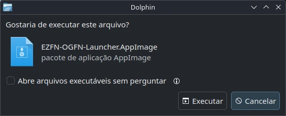 Dolphin perguntando “Gostaria de executar este arquivo?” para o AppImage, com o botão Executar