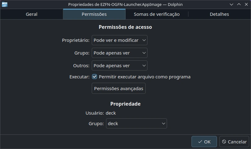 Caixa de diálogo Propriedades do Dolphin para o AppImage, aba “Permissões”, com “Permitir executar arquivo como programa” marcado
