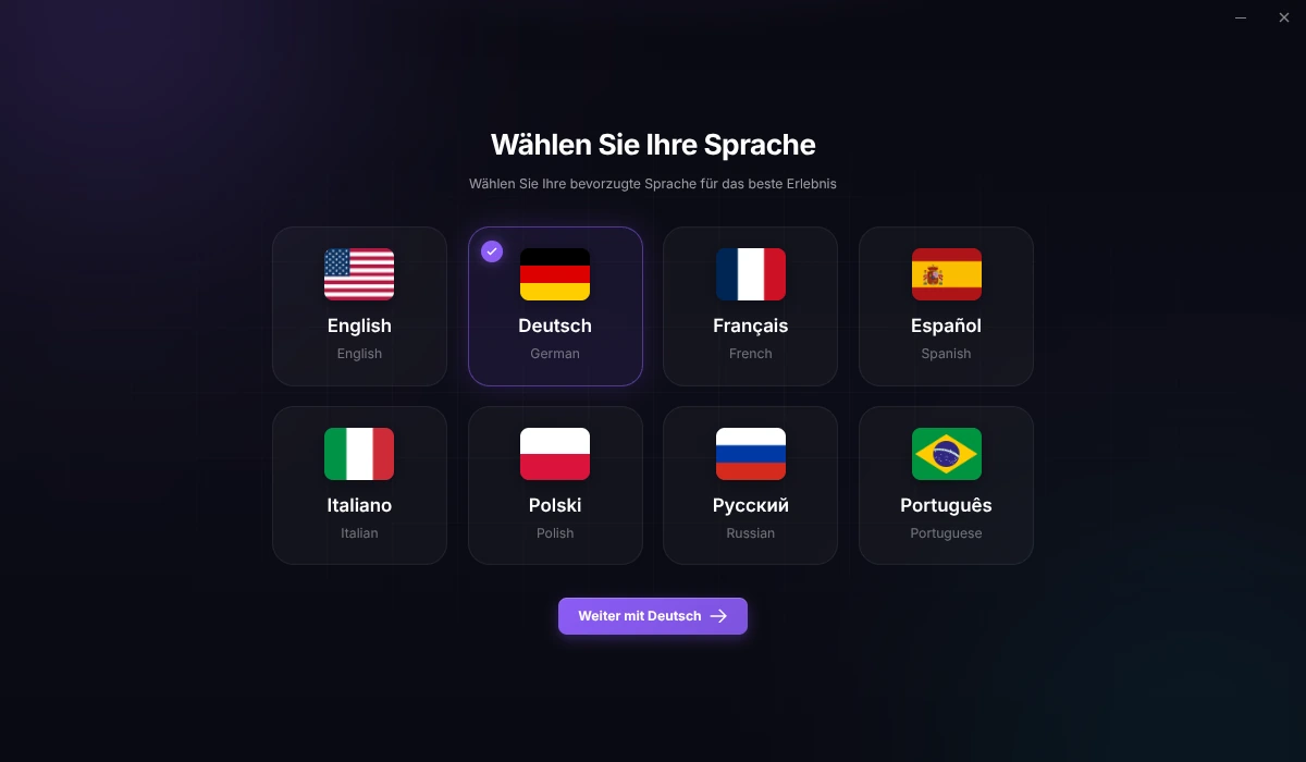 Sprachauswahl des EZFN OGFN Launchers