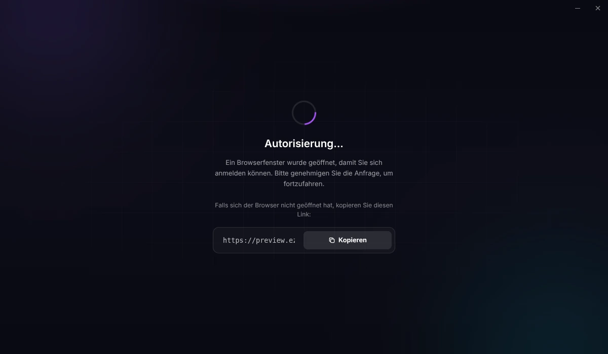 Der Launcher wartet auf die Browser-Anmeldung und zeigt einen kopierbaren Login-Link