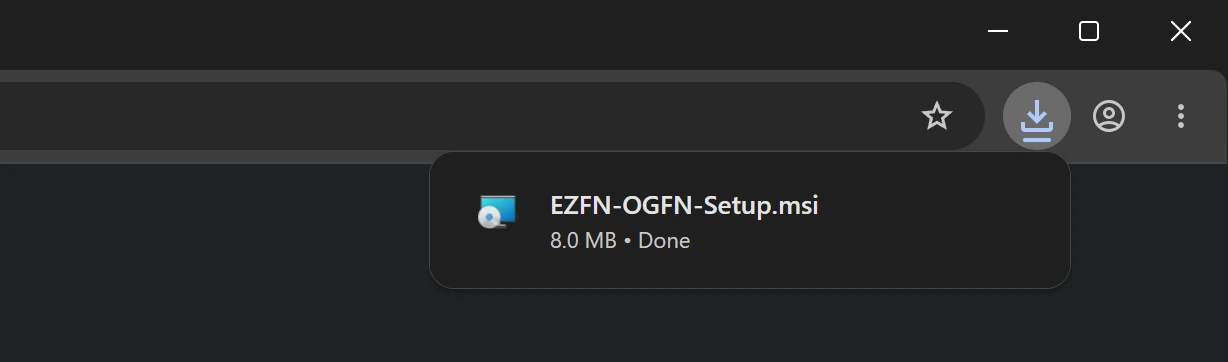 Download pop-ups in Chrome, Edge and Opera, each showing the finished EZFN-OGFN-Setup.msi file