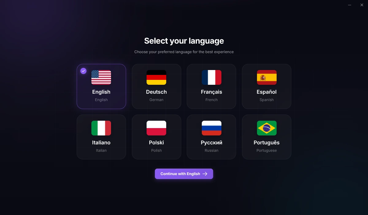 Language selection screen of the EZFN OGFN Launcher