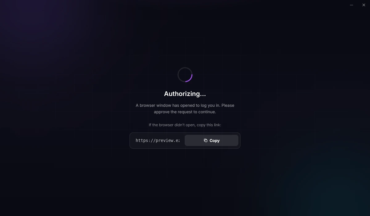 The launcher waiting for the browser sign-in, showing a copyable login link