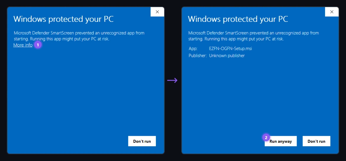Windows SmartScreen dialog: first More info, then the Run anyway button