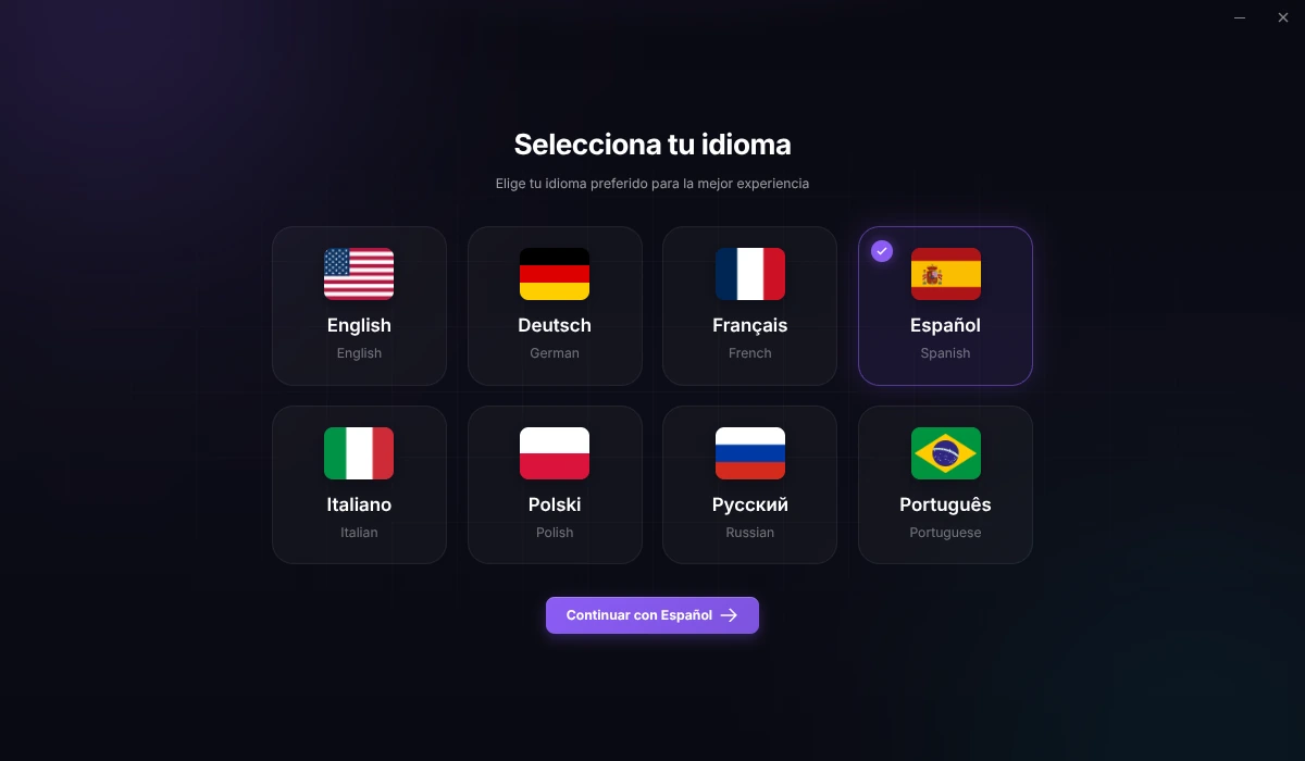 Pantalla de selección de idioma del EZFN OGFN Launcher