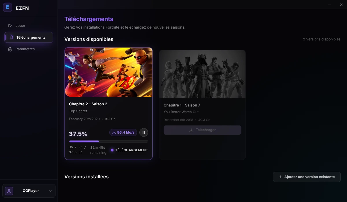 Chapitre 2 Saison 2 en cours de téléchargement, avec barre de progression, vitesse et temps restant