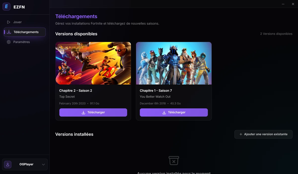 Onglet Téléchargements avec la carte Chapitre 2 Saison 2 et son bouton Télécharger