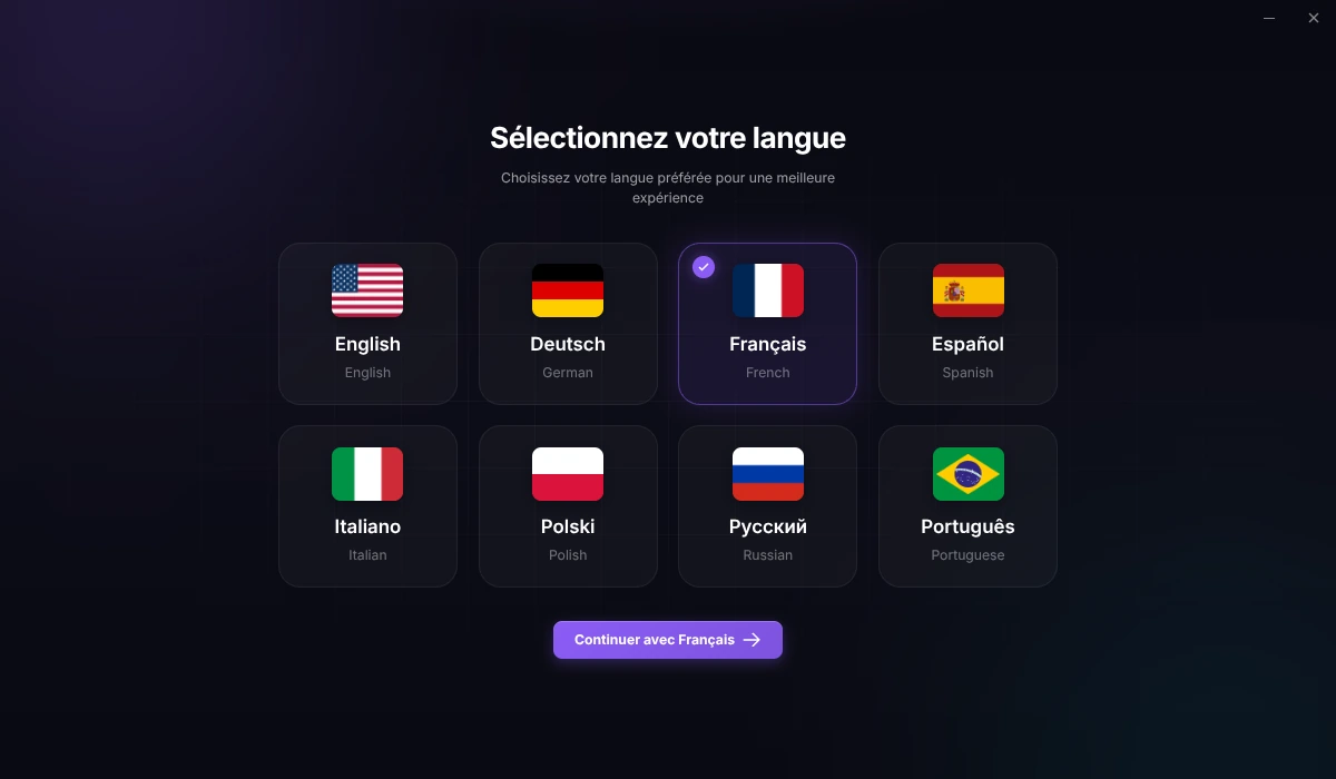 Écran de sélection de la langue du launcher EZFN OGFN