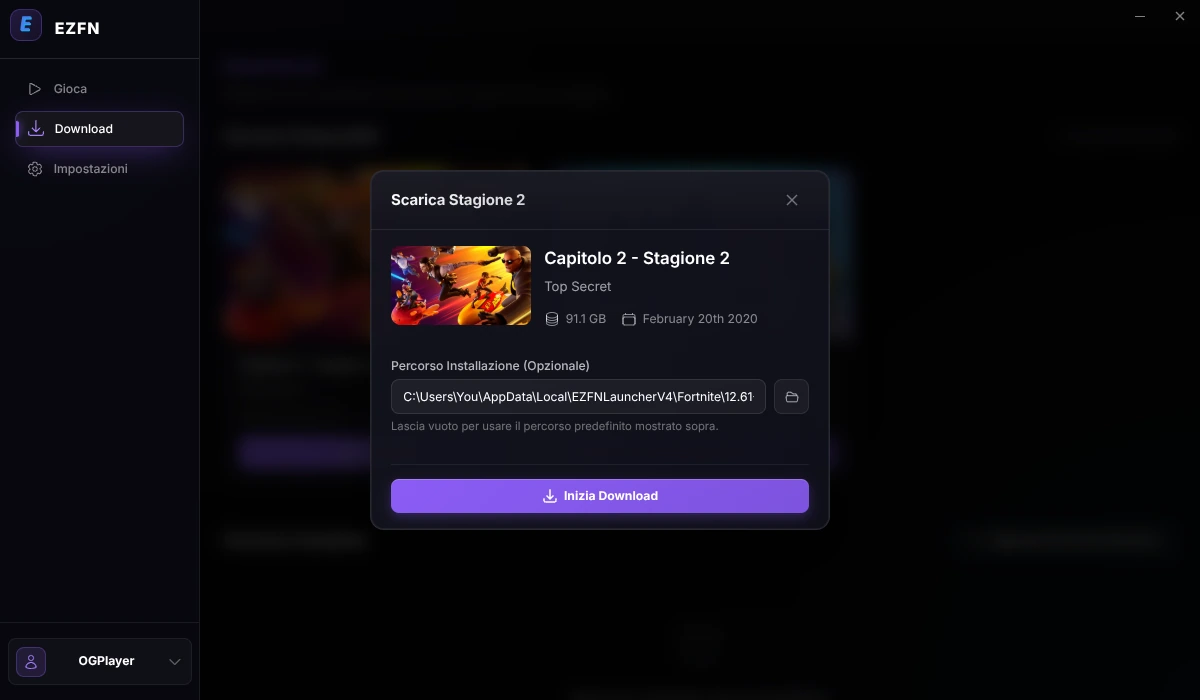 Finestra di download con percorso di installazione e il pulsante Inizia Download