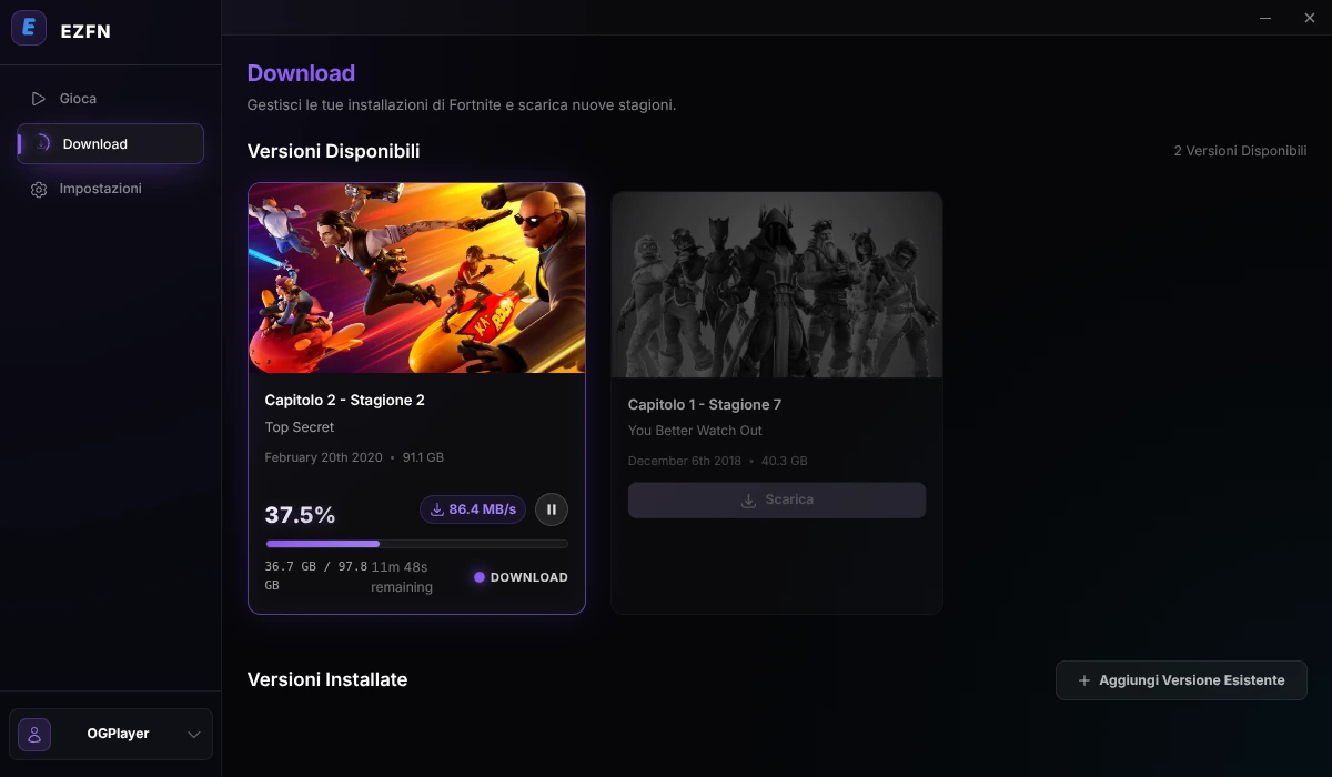Capitolo 2 Stagione 2 in download, con barra di avanzamento, velocità e tempo rimanente