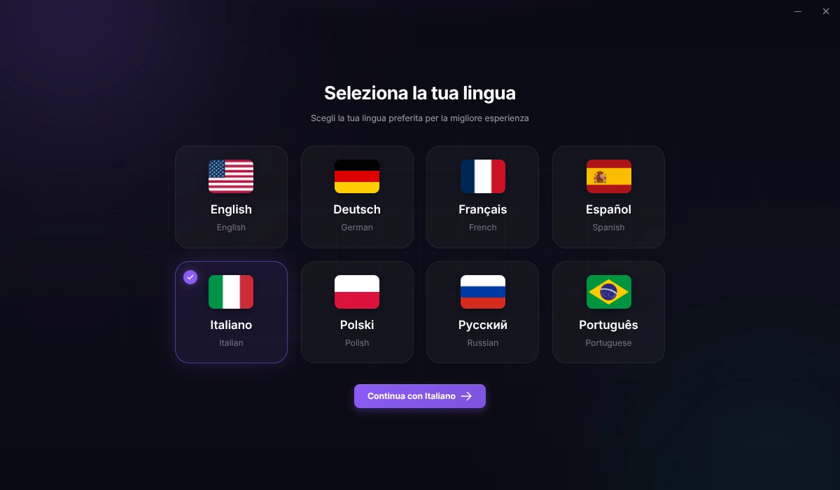 Schermata di selezione della lingua dell'EZFN OGFN Launcher