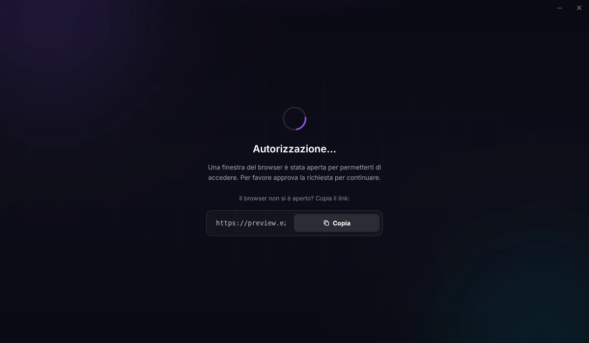 Il launcher in attesa dell'accesso dal browser, con un link copiabile