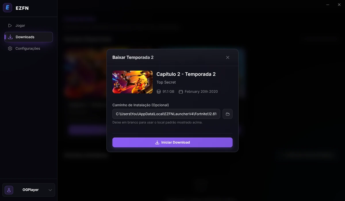 Diálogo de download com o caminho de instalação e o botão Iniciar Download
