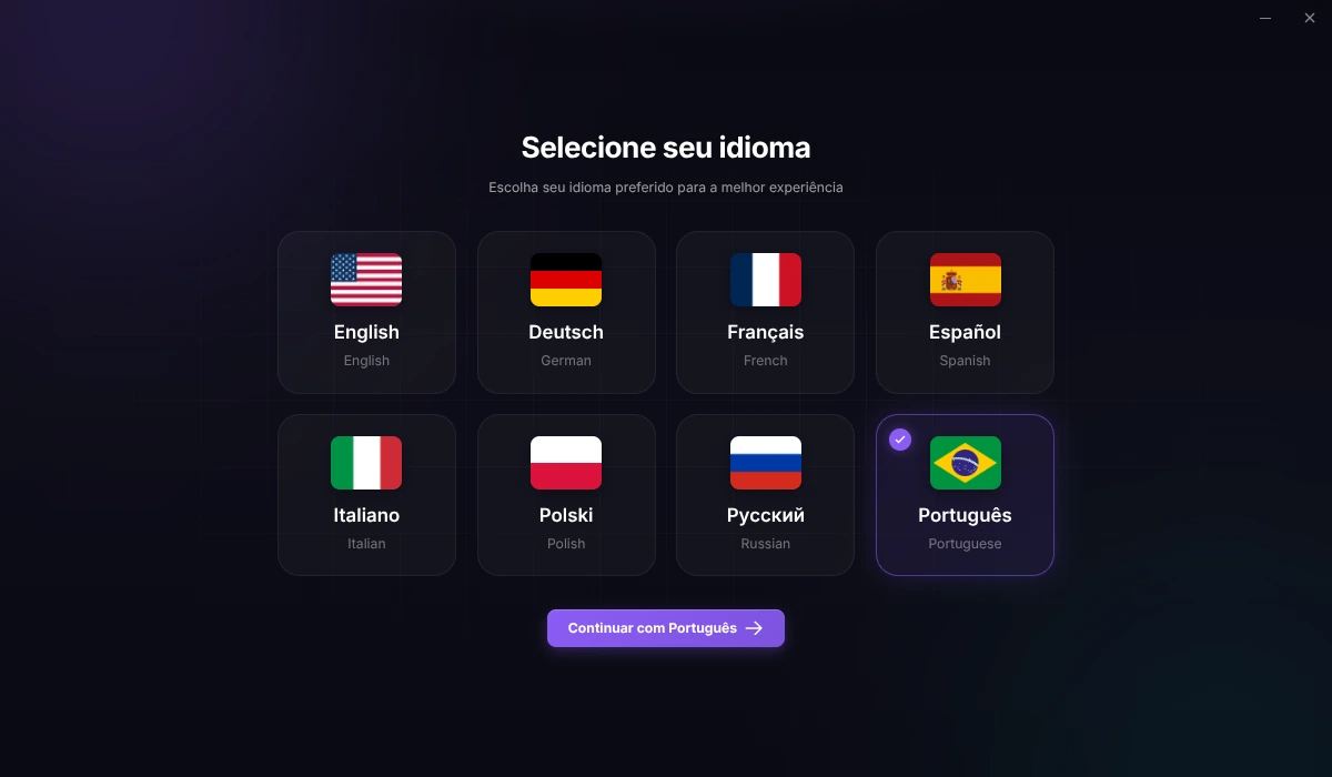 Tela de seleção de idioma do EZFN OGFN Launcher