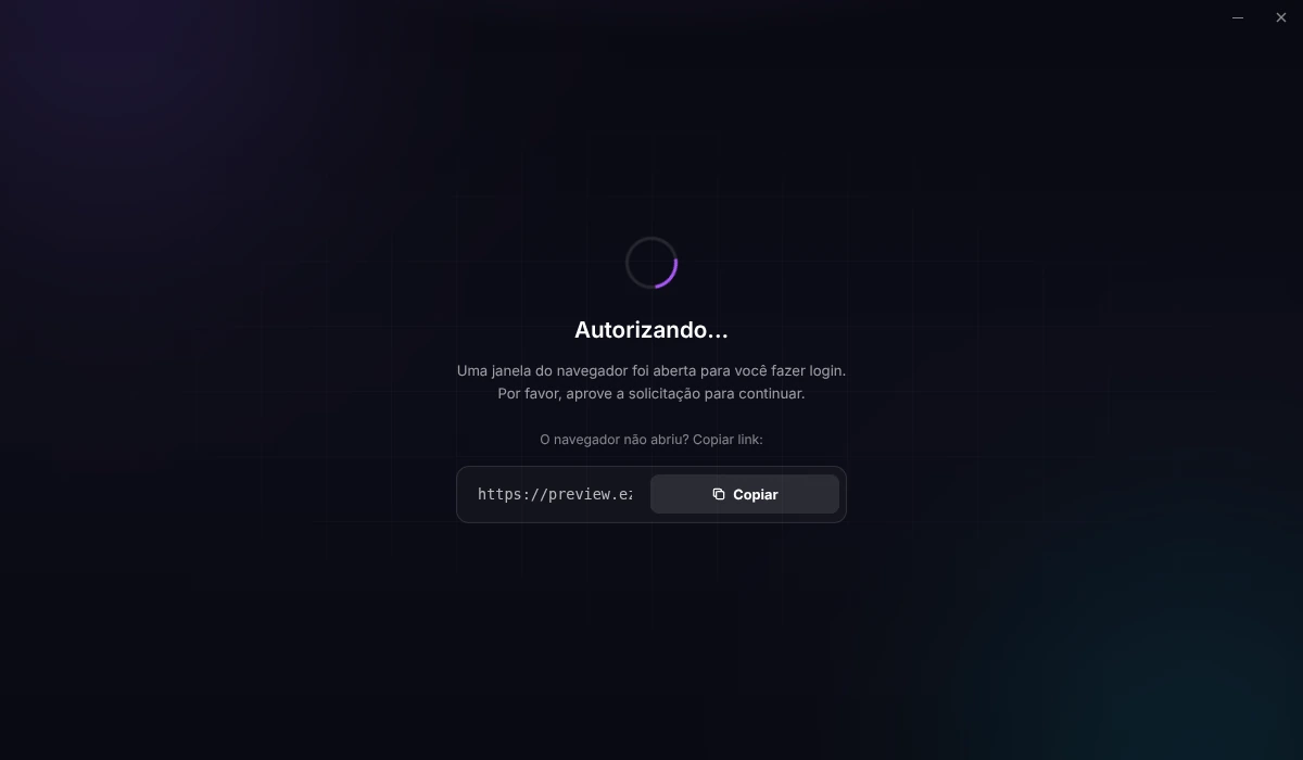 O launcher aguardando o login no navegador, mostrando um link copiável